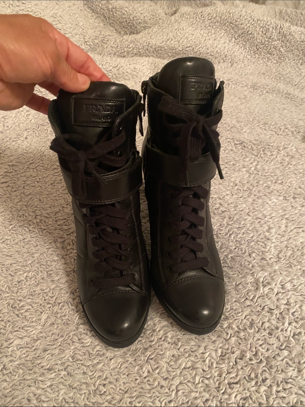Prada Black Lace-Up Ankle Boots with Strap